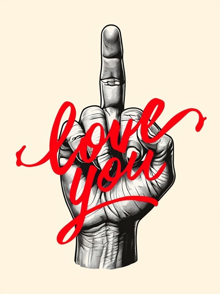 Grayscale Hand Gesture with 'Love You' Text Art Print Social Media Post