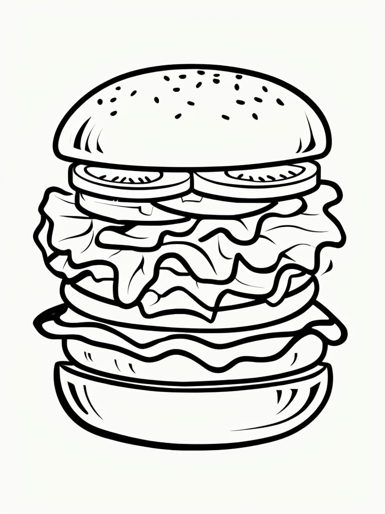 Minimalist Line Drawing of a Burger for Coloring Book Pages