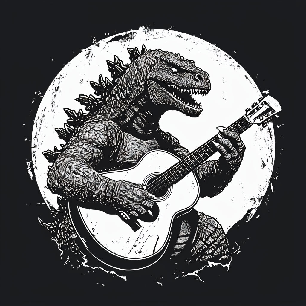 Monstrous Godzilla Playing Guitar Vintage T-shirt