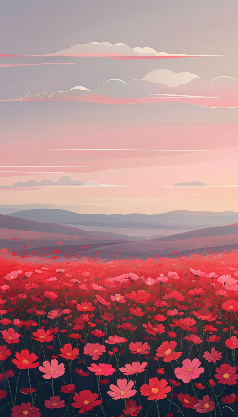 Vibrant Red Flower Field with Pastel Sky Landscape Mobile Wallpaper