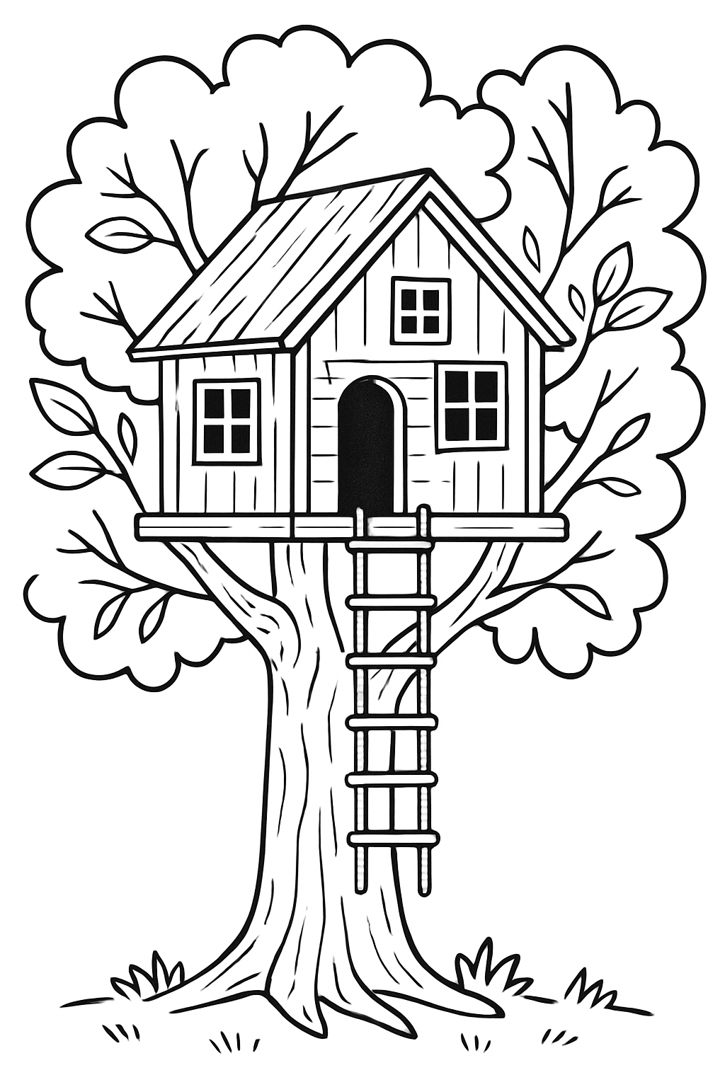 Charming Black and White Treehouse Line Art Coloring Page