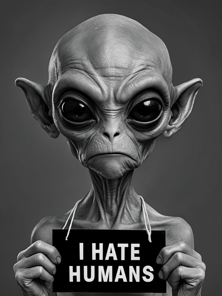 Humorous Alien Mugshot with 'I Hate Humans' Sign Poster