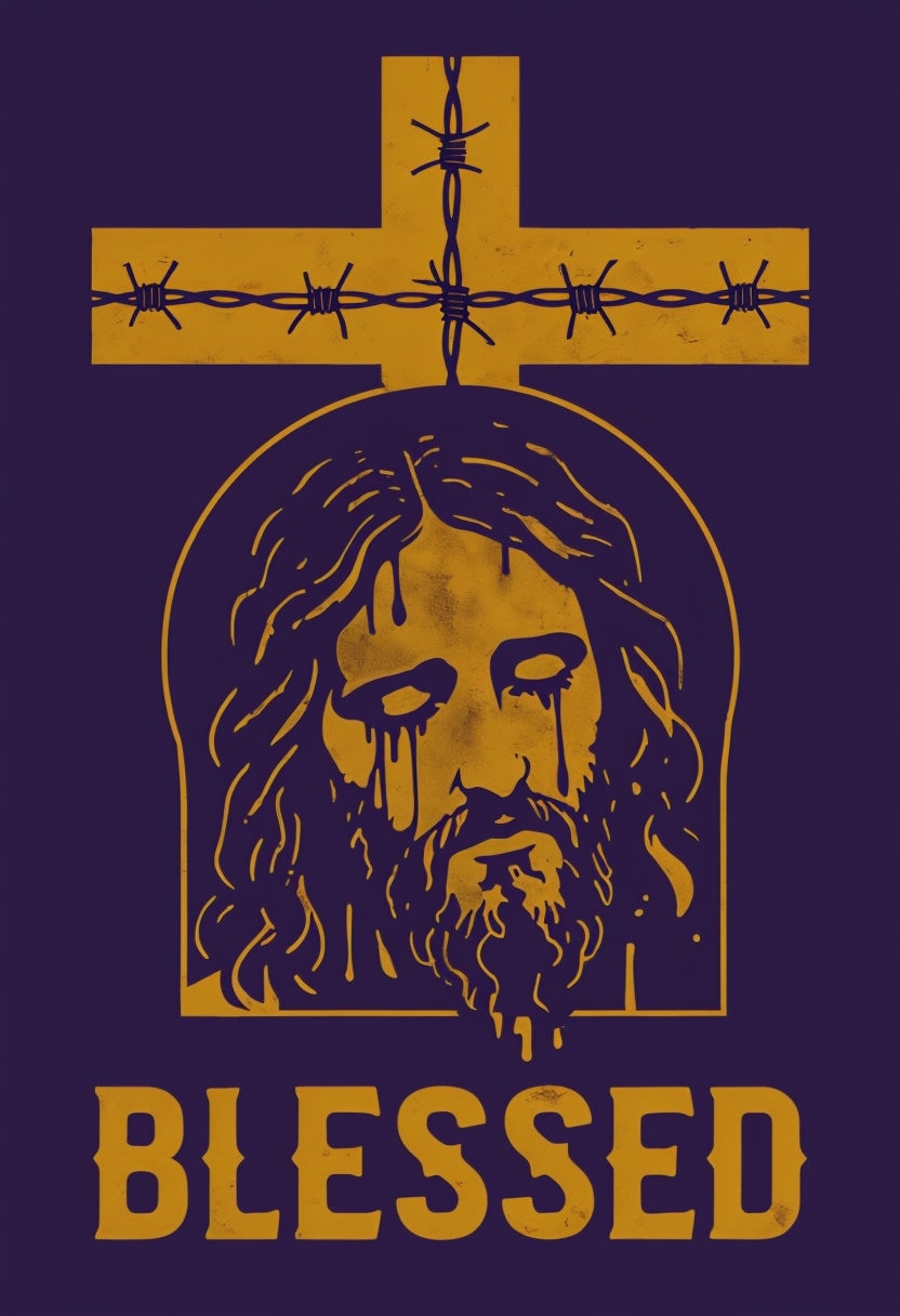 Mustard Yellow Cross and Jesus Face Graphic T-Shirt