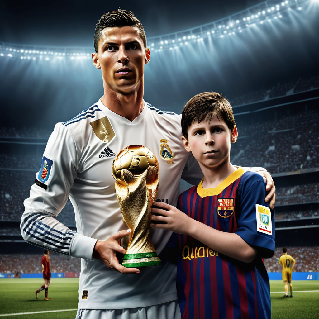 Create a birthday party invitation for kids with an 11 years old Messi and  a 8 years old Ronaldo holding up the world cup