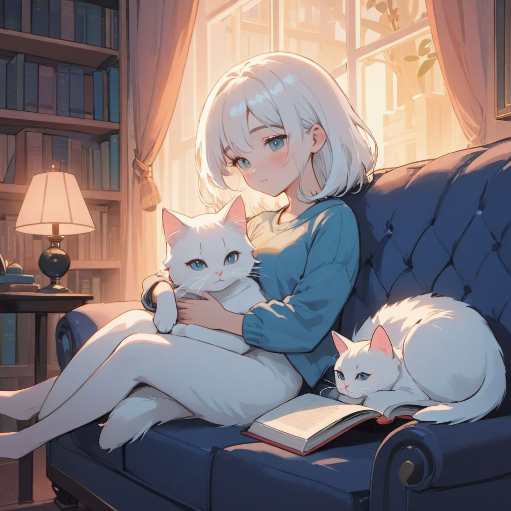 girl on couch hugging her cat Anime key