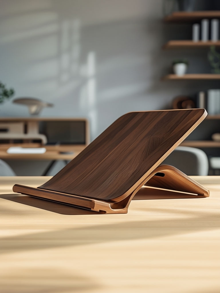 Sleek Ergonomic Wooden Laptop Stand on a Modern Oak Desk Mockup