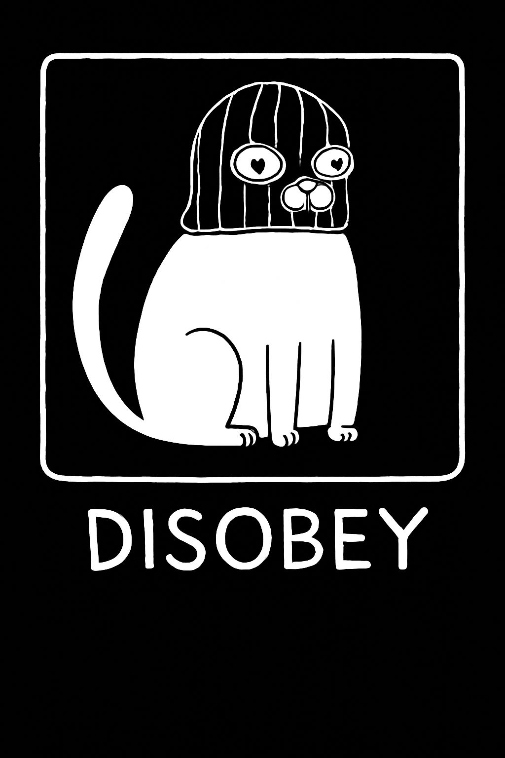 Minimalist Black and White Cat with Skullcap and DISOBEY T-shirt