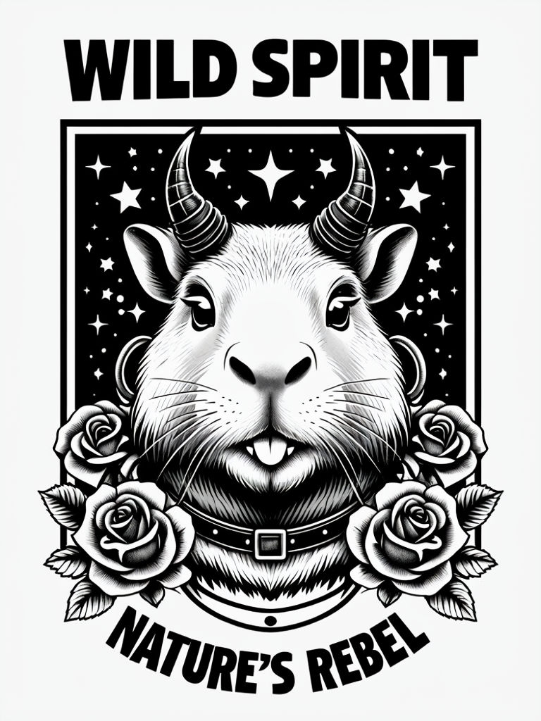 Edgy Capybara with Demon Horns and Roses T-Shirt