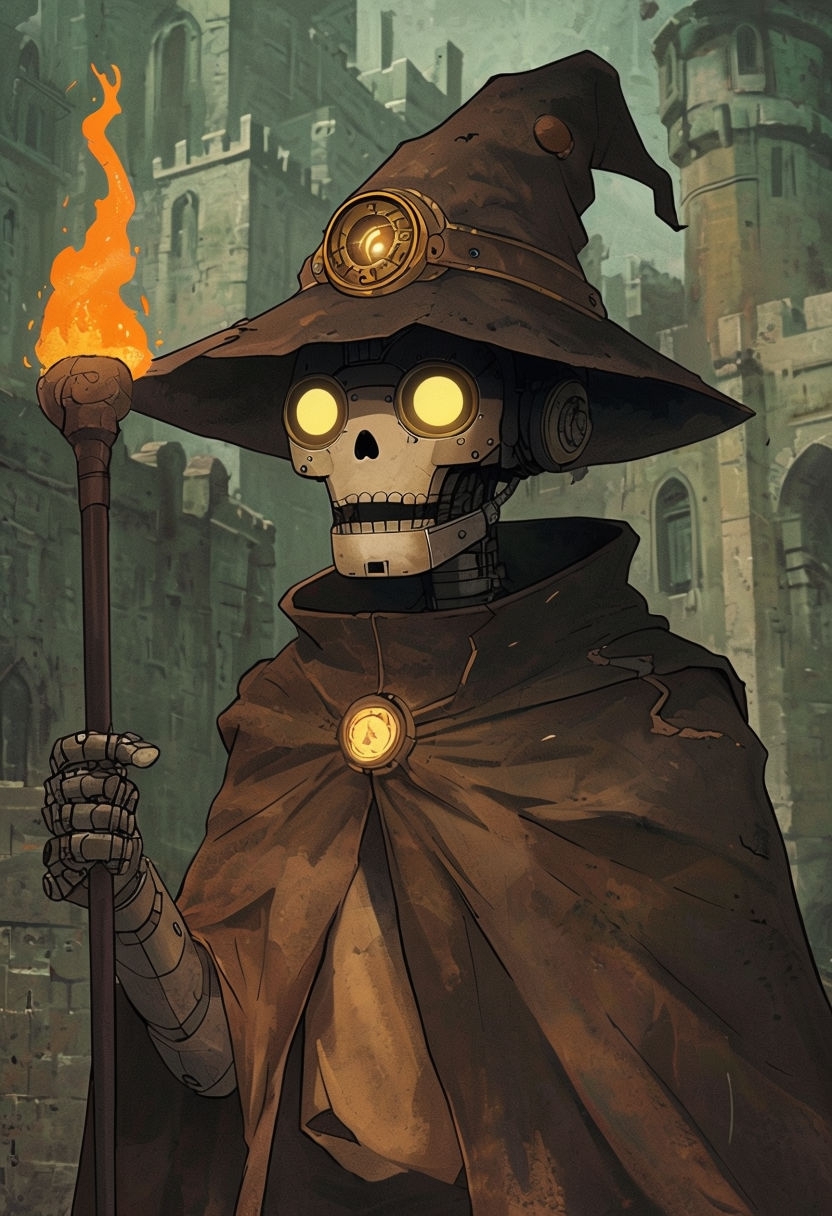 Eerie Robotic Wizard Character with Flame Staff Art