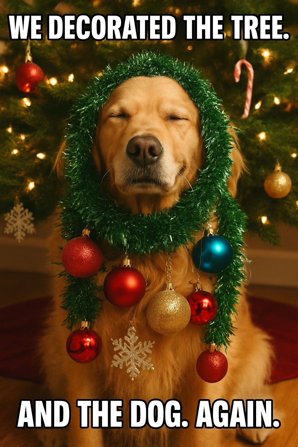 Festive Golden Retriever with Christmas Tree and Cheerful Decor Meme