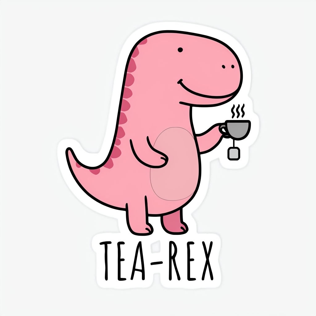 Playful TEA-Rex Cartoon Dinosaur Holding Teacup Sticker