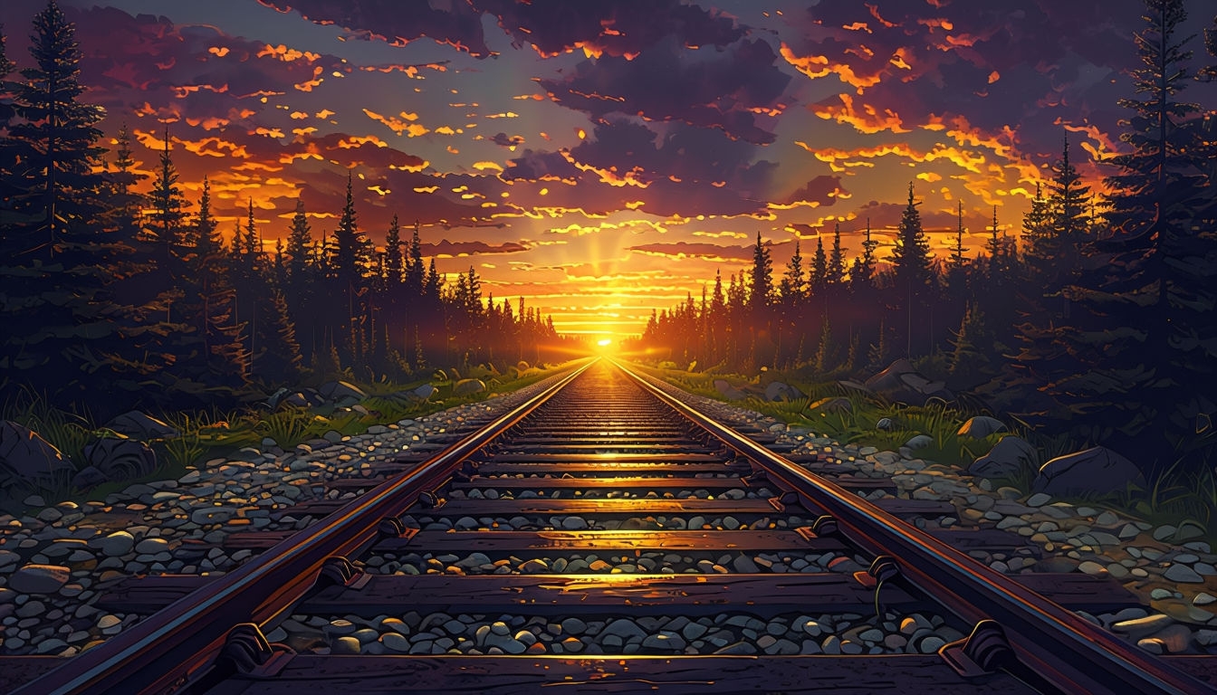 Dramatic Sunset Over Railway Tracks Digital Illustration Background