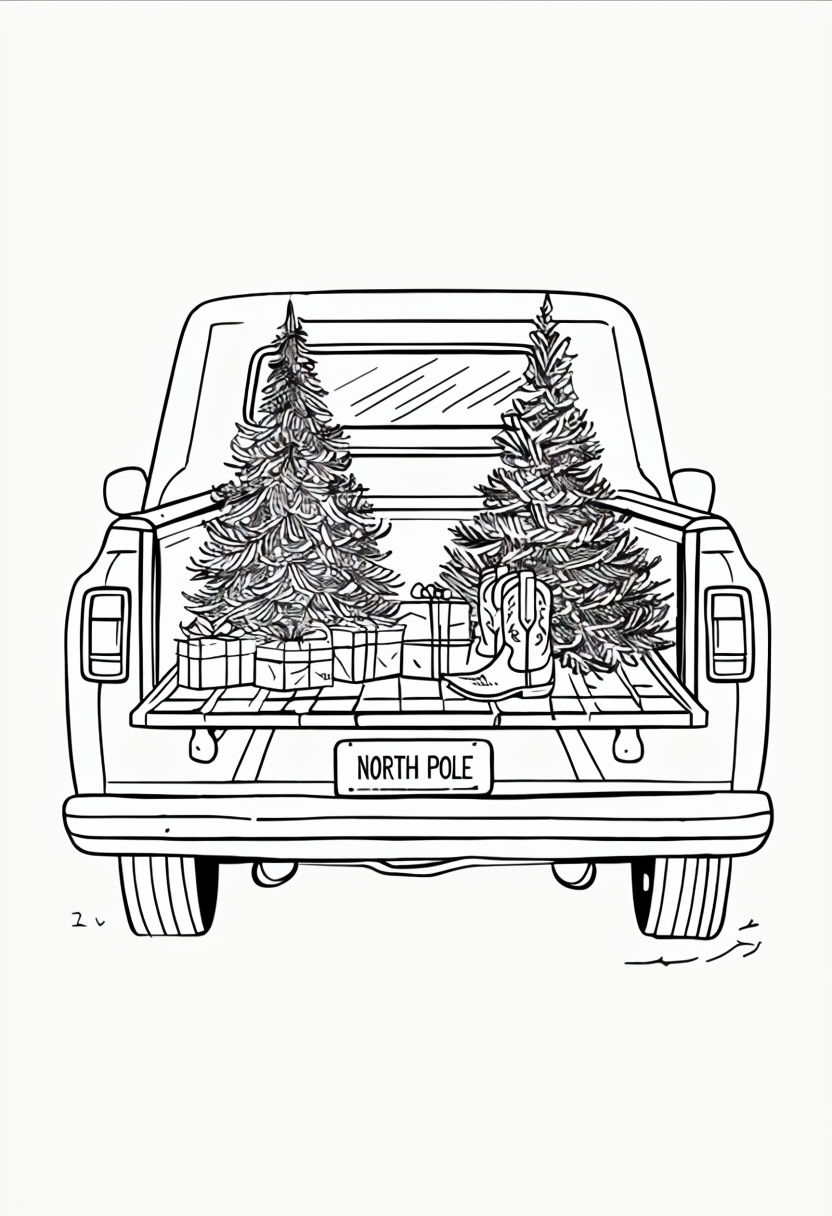 Whimsical Old Pickup Truck with Christmas Trees Coloring Page