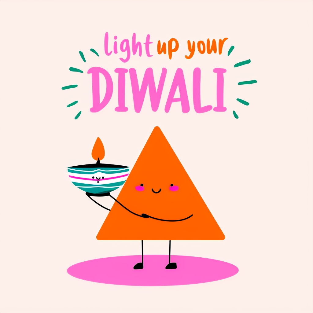 Cute Cartoon Diwali Celebration with Triangle Character and Diya Lamp Social Media Post