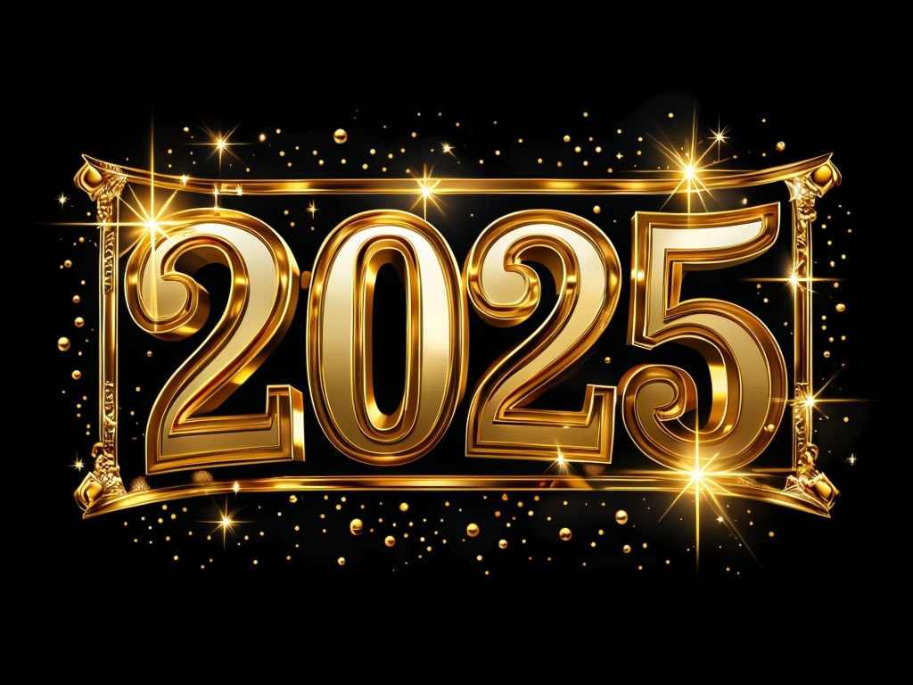 Elegant Gold 2025 Numbers Art with Sparkles and Stars Social Media Post