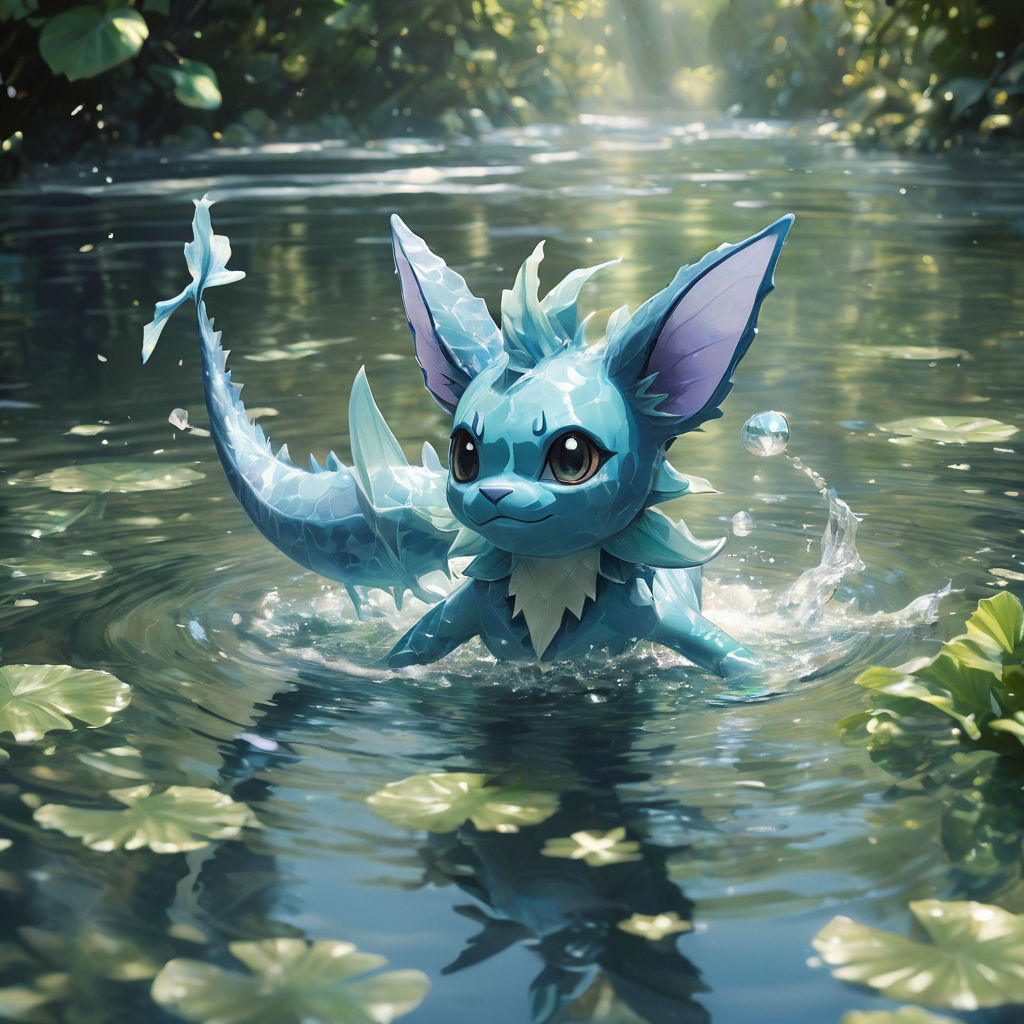 Vaporeon swimming gracefully in a crystalline river by Danna Golderbein ...