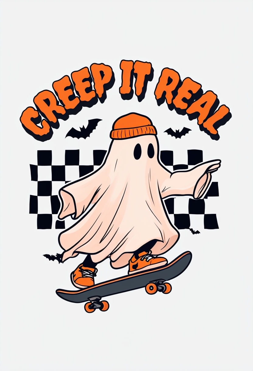 Playful Ghost Skateboarding Creep It Real Halloween T-Shirt