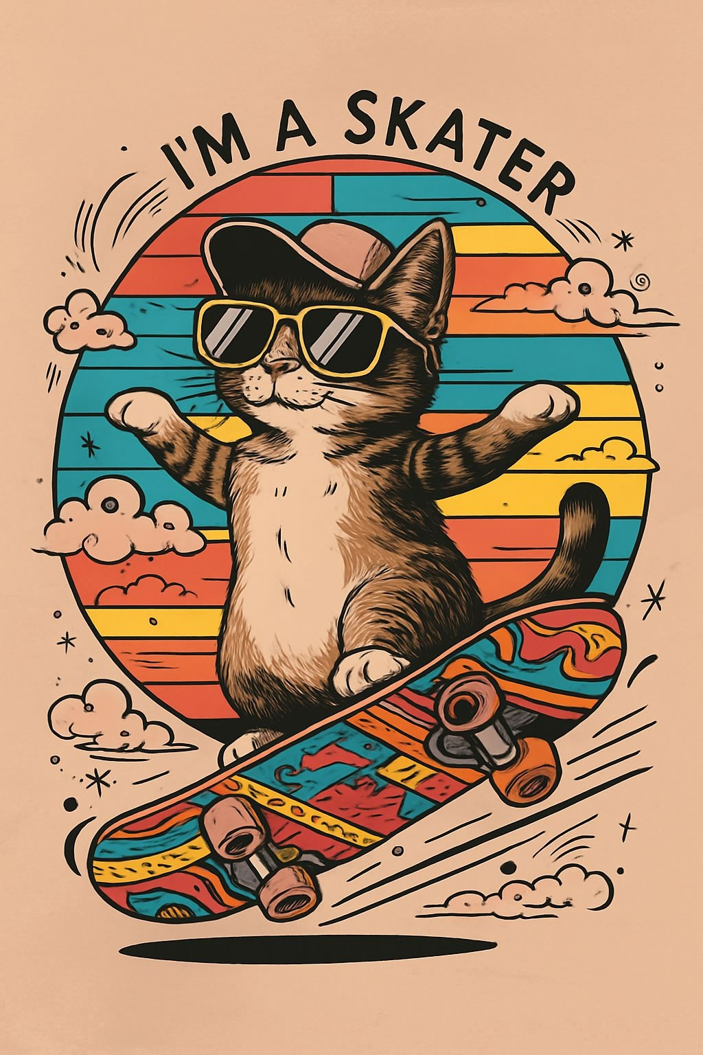 Cool Cartoon Skater Tabby Cat Illustration T-Shirt