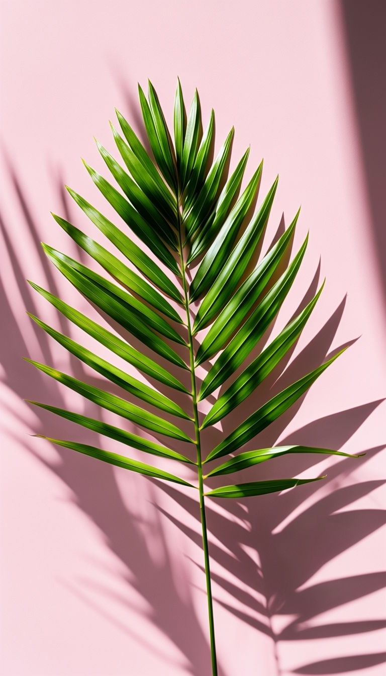 Vibrant Green Palm Frond Leaf on Light Pink Background Mobile Wallpaper