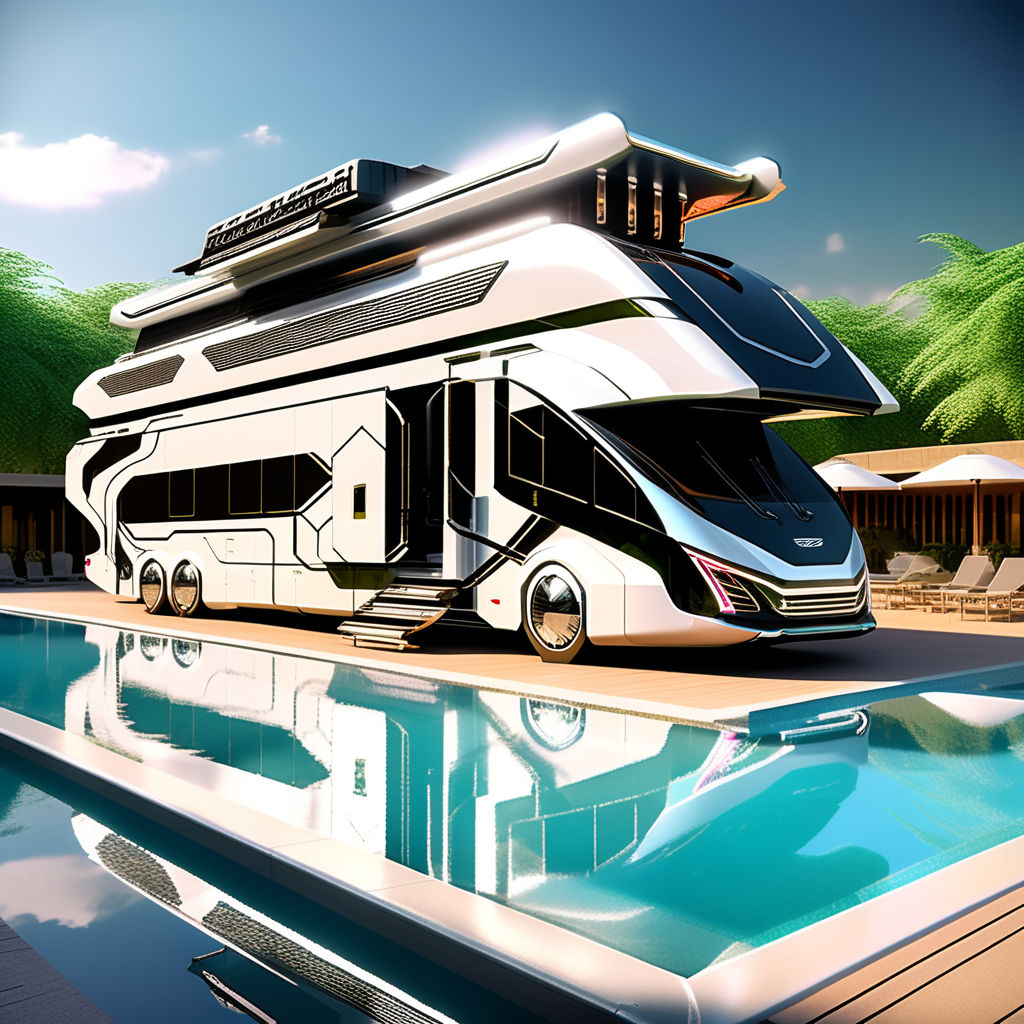 Gigantic long motorhome with pool on top in sci-fi design by Andrea ...