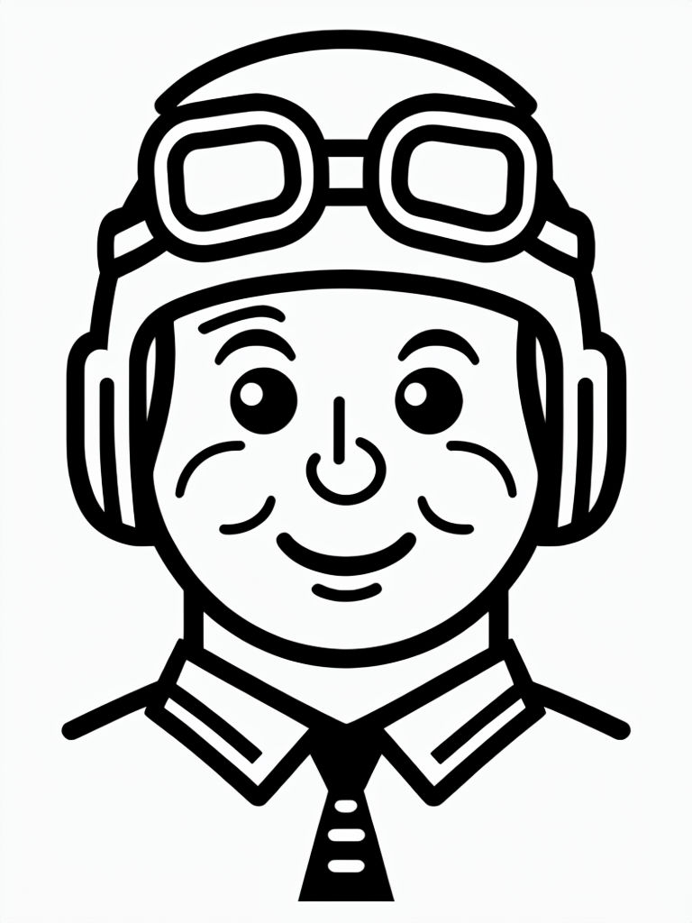 Minimalist Cartoon Pilot Face Line Drawing for Kids Coloring Book Pages