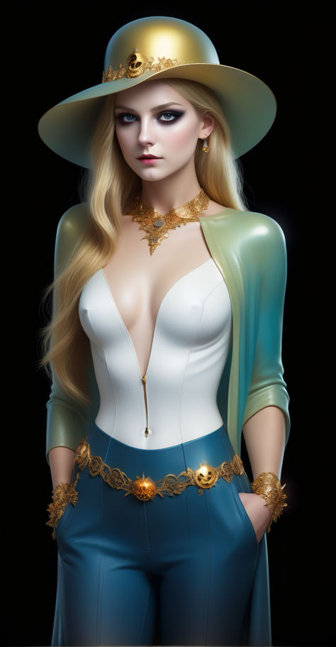 Blonde figure, embellished with complex Halloween ornaments, stands in a grand vista, studio shoot atmosphere, digital painting, serene masterwork with mirage-like golden hour ambiance, dynamic motion in a scenic setting, soft illumination enveloping the scene, volumetric lighting casting depth, ultra fine details.