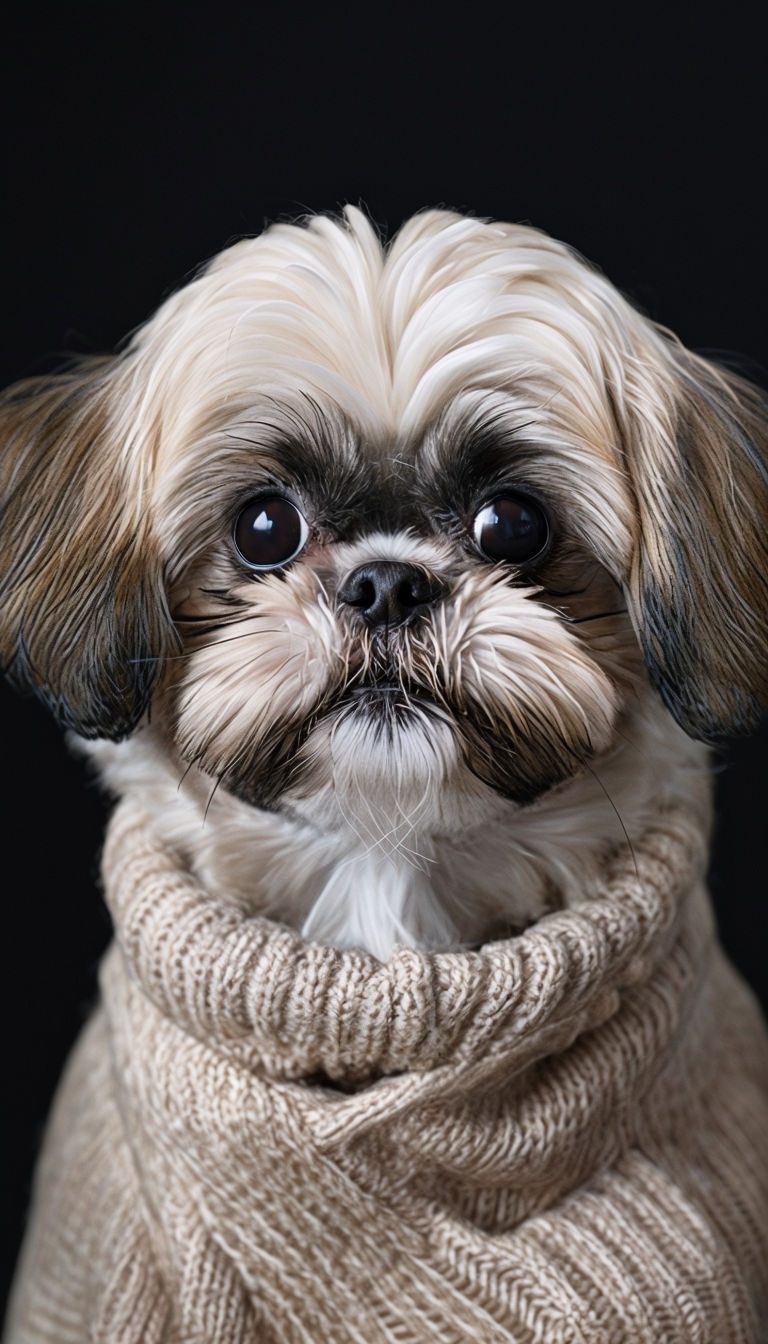 Adorable Fluffy Dog Portrait in Beige Sweater Mobile Wallpaper