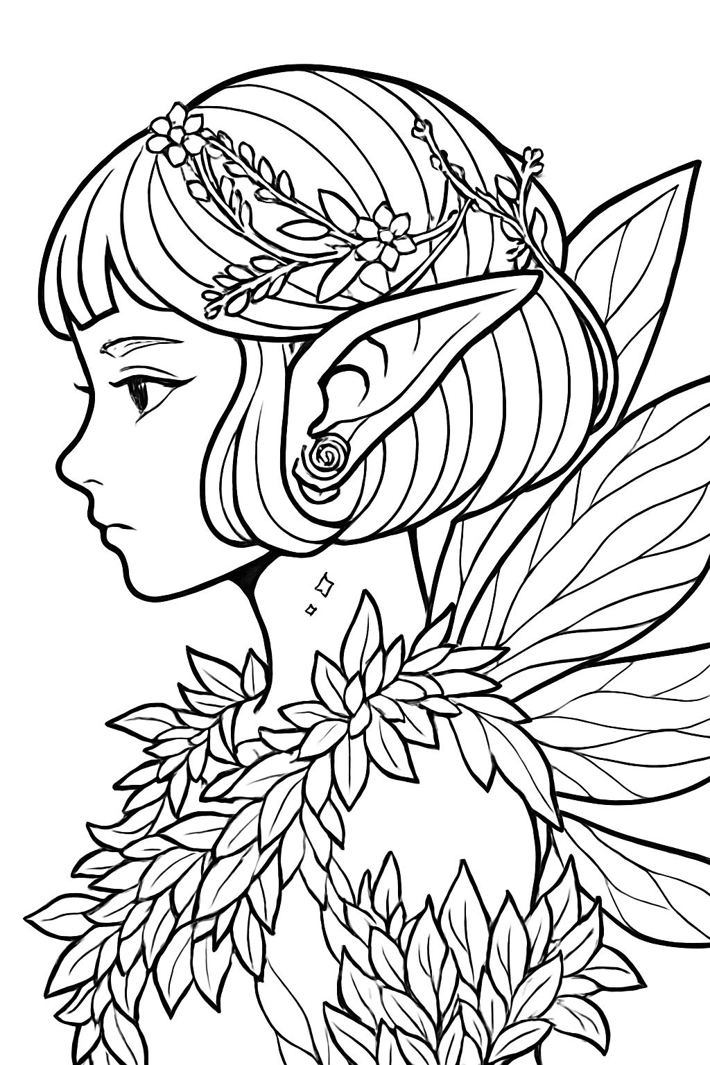 Intricate Elf Profile with Floral Accents Coloring Book Page
