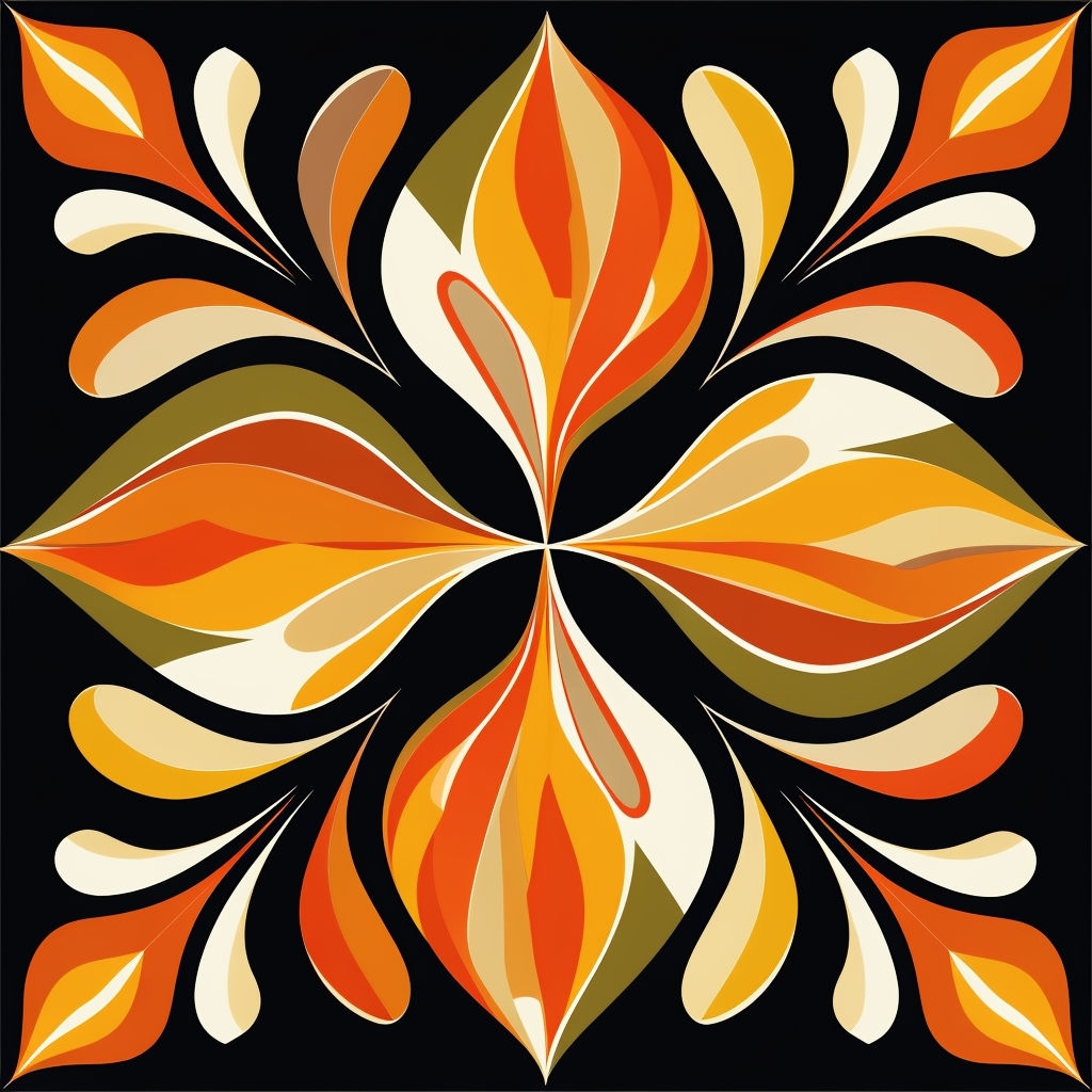 Retro Floral Symmetrical Pattern on Black Background Seamless Pattern