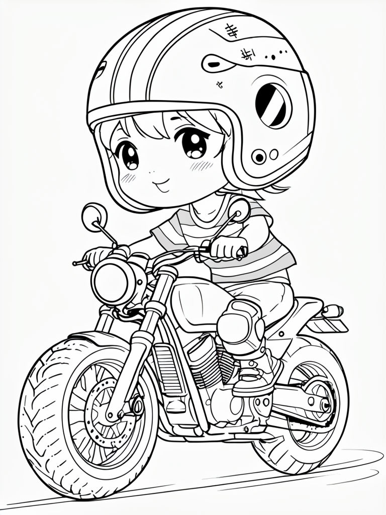 Charming Cartoon Child Riding Motorcycle Outline Coloring Page