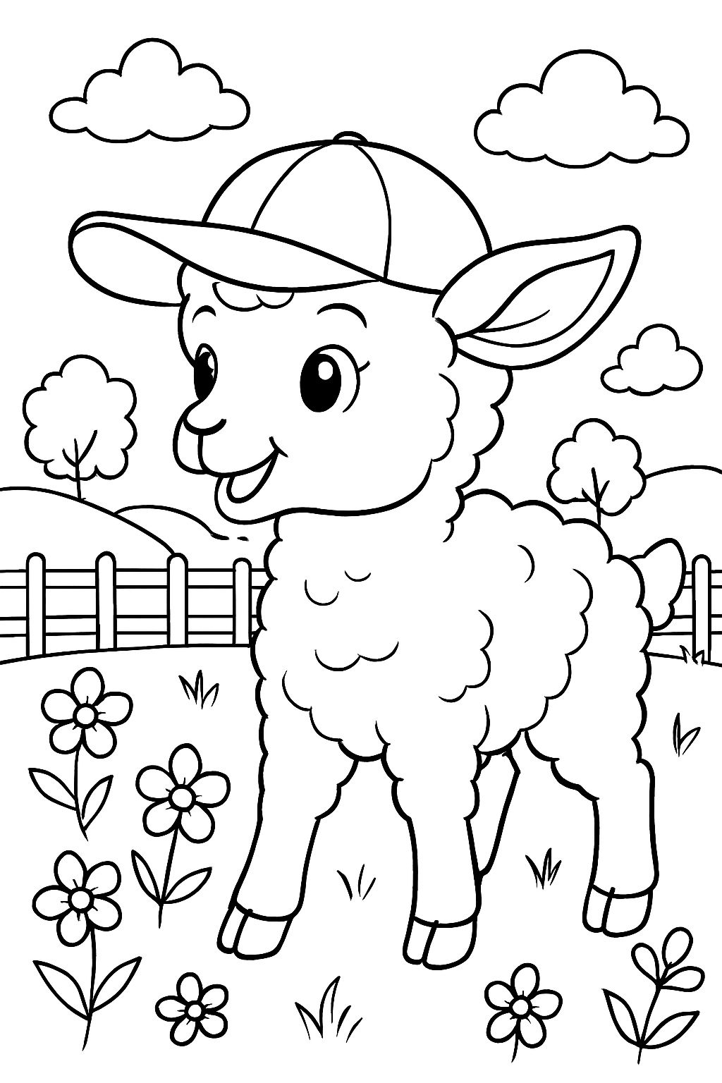 Cheerful Cartoon Lamb with Flowers and Fence Coloring Book Pages