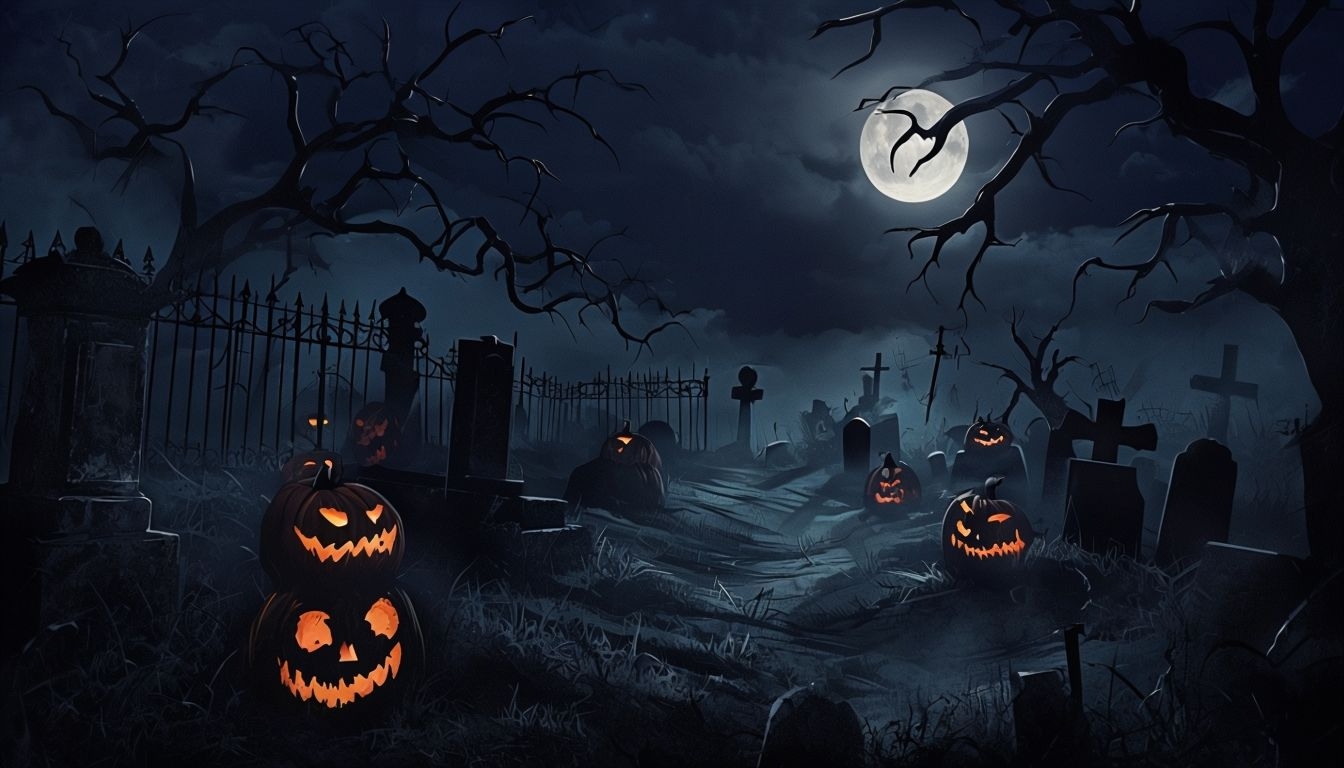Eerie Halloween Graveyard with Sinister Jack-o'-lanterns Background