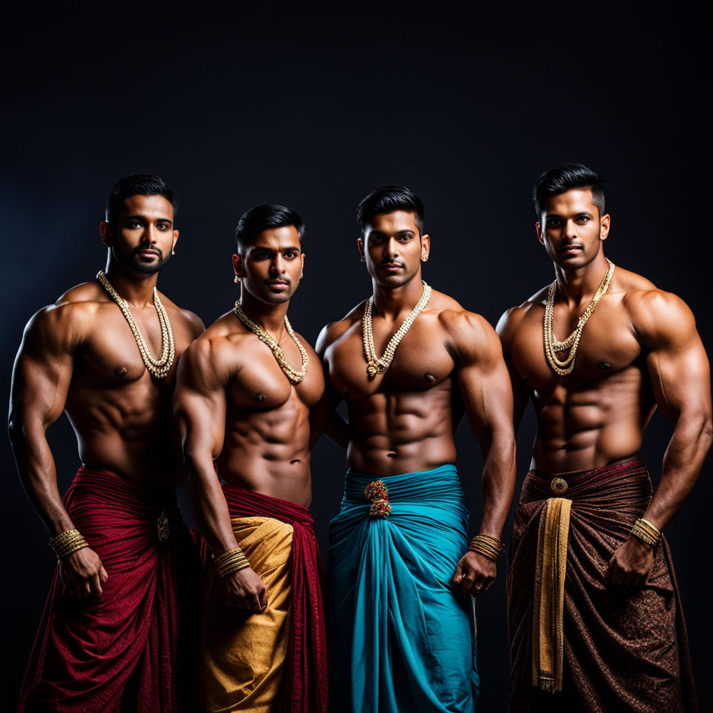 bodybuilder with huge muscles dressed as an indian marharajah that shows  off his bare chest and legs dancing with other male dancers in a bollywood  routine