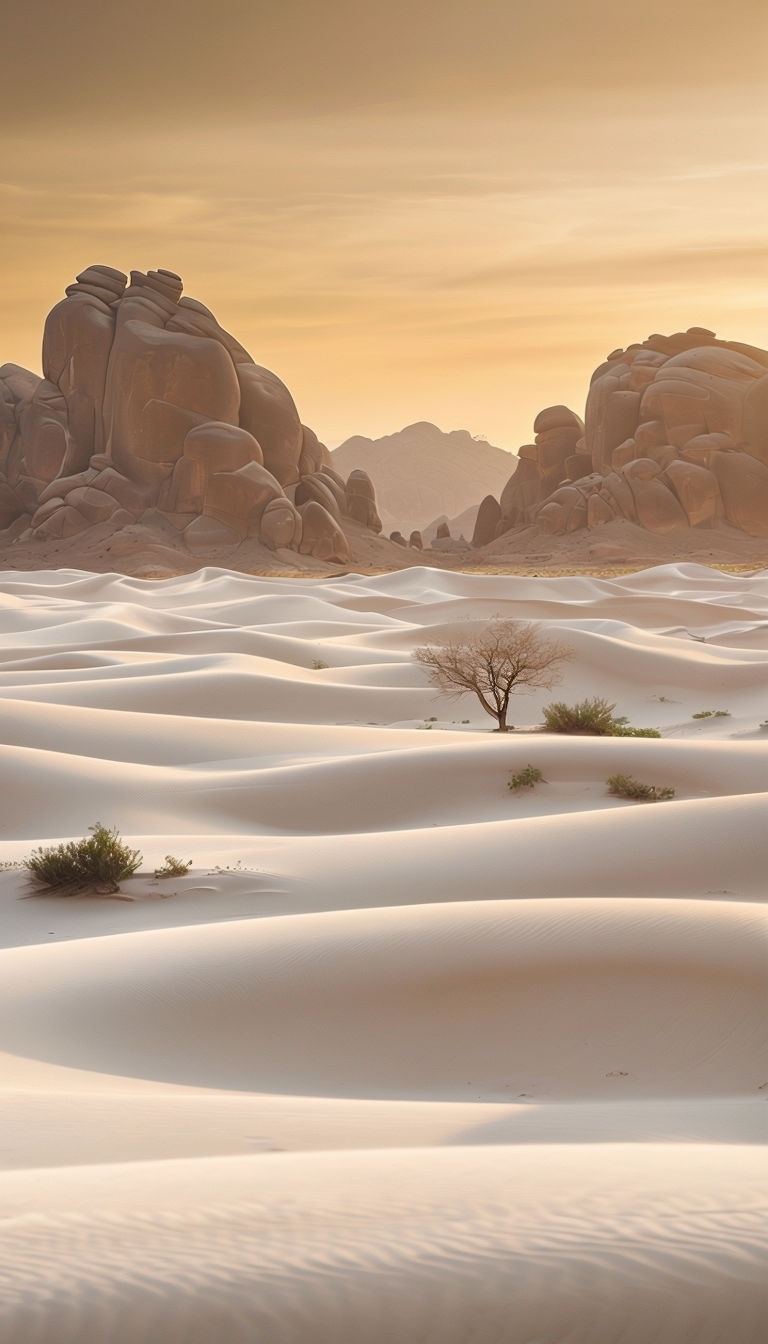 Tranquil Desert Sunset Landscape with Dunes and Mountains Mobile Wallpaper