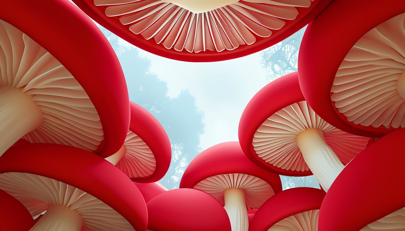Vibrant Cherry Red Mushroom Canopy Wallpaper for Virtual Backgrounds