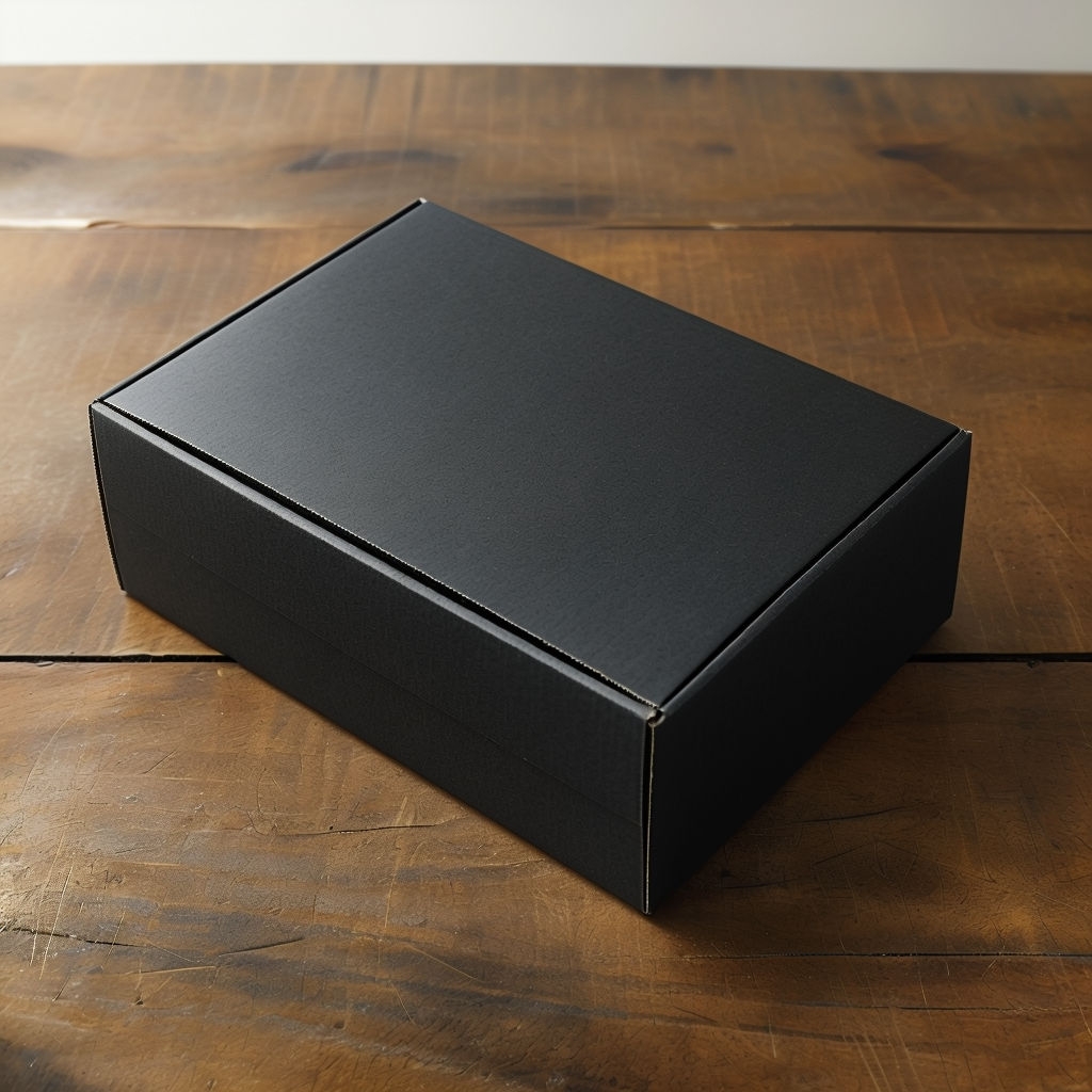 Sleek Black Cardboard Box on Textured Wooden Table Mockup