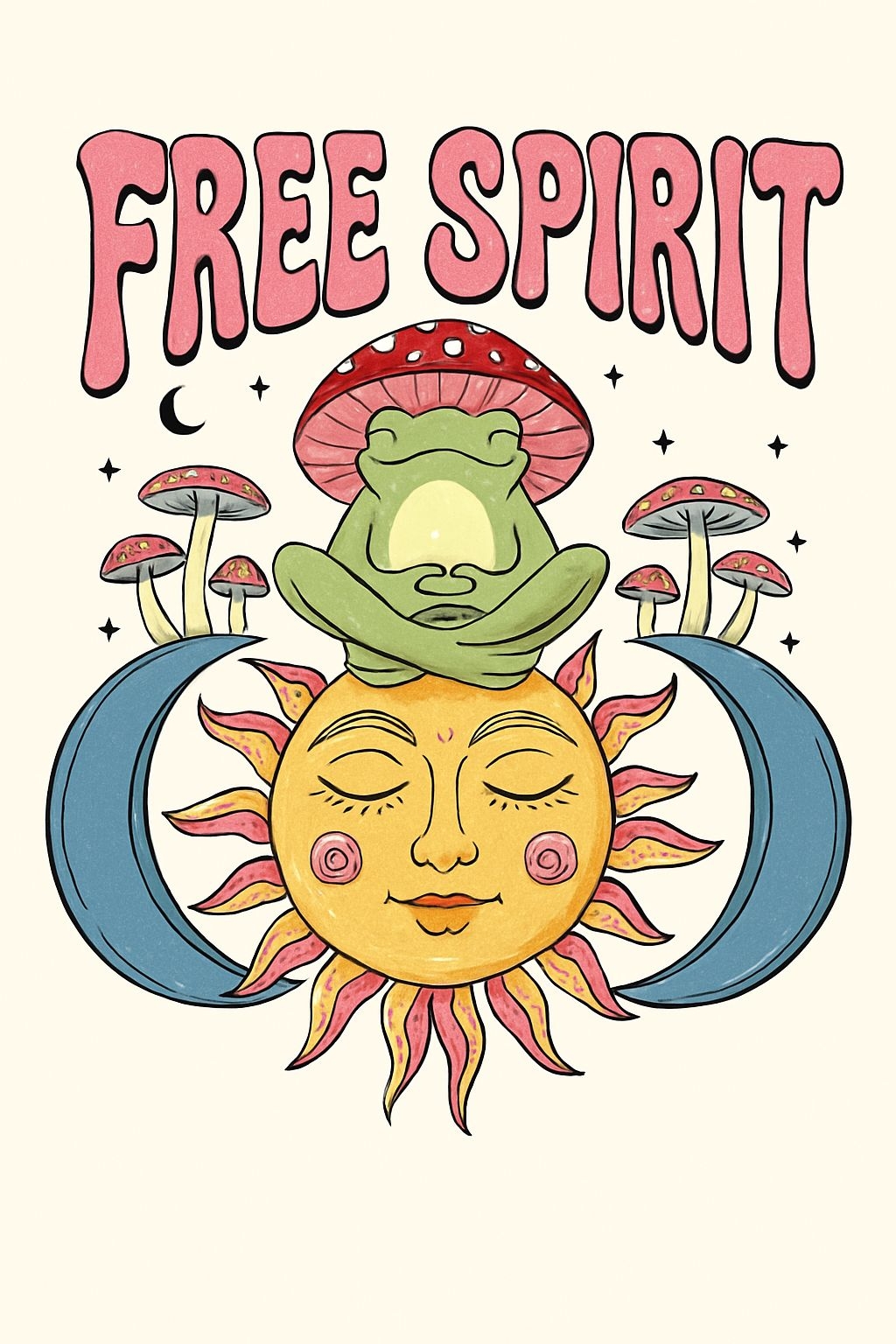 Whimsical Meditating Frog on Sun with Free Spirit Text T-Shirt