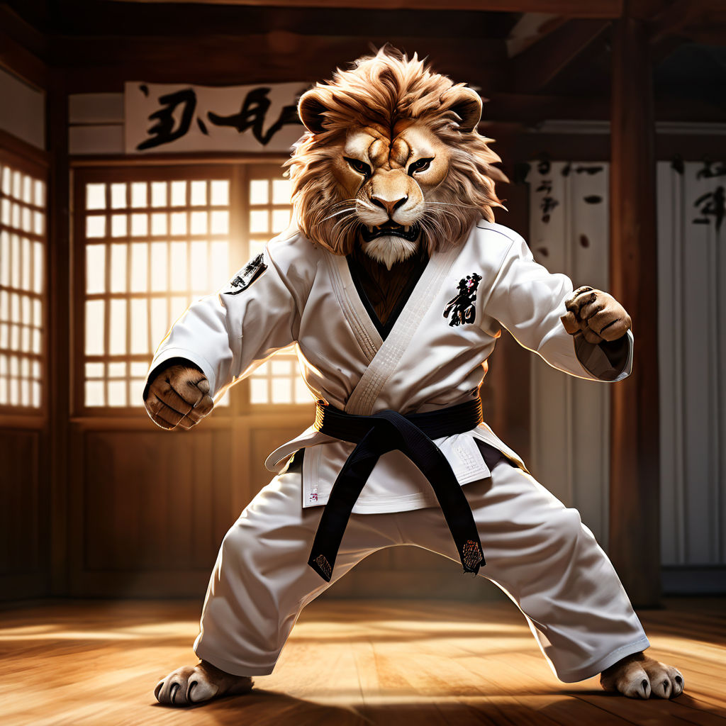 Lion wearing a taekwondo uniform with a black belt by 이석봉 - Playground