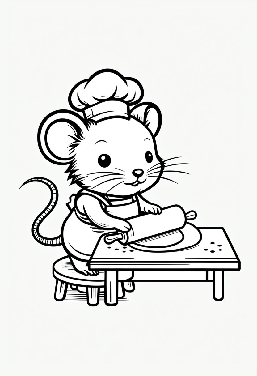 Sweet Mouse Baker Line Drawing Illustration for Coloring Book Pages