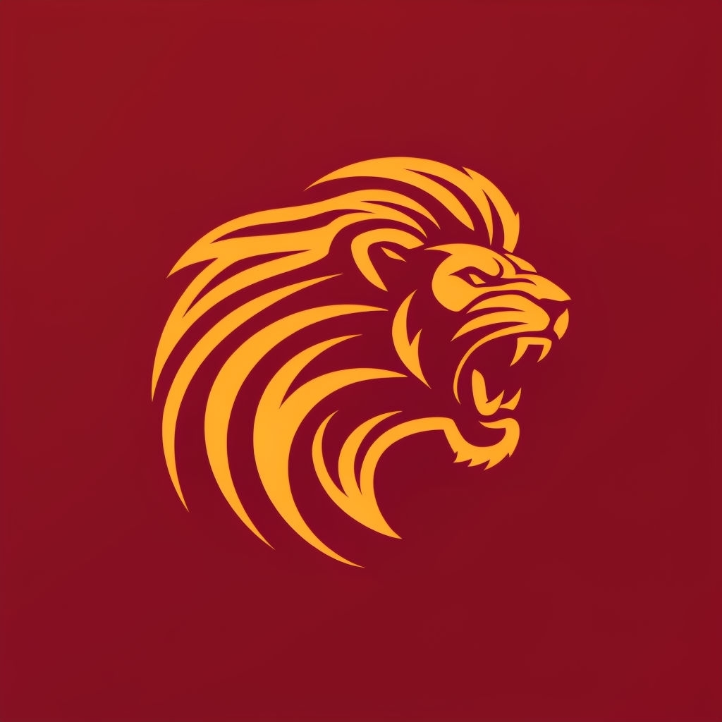 Bold Roaring Lion Head Logo Design in Golden Yellow and Burgundy Logo