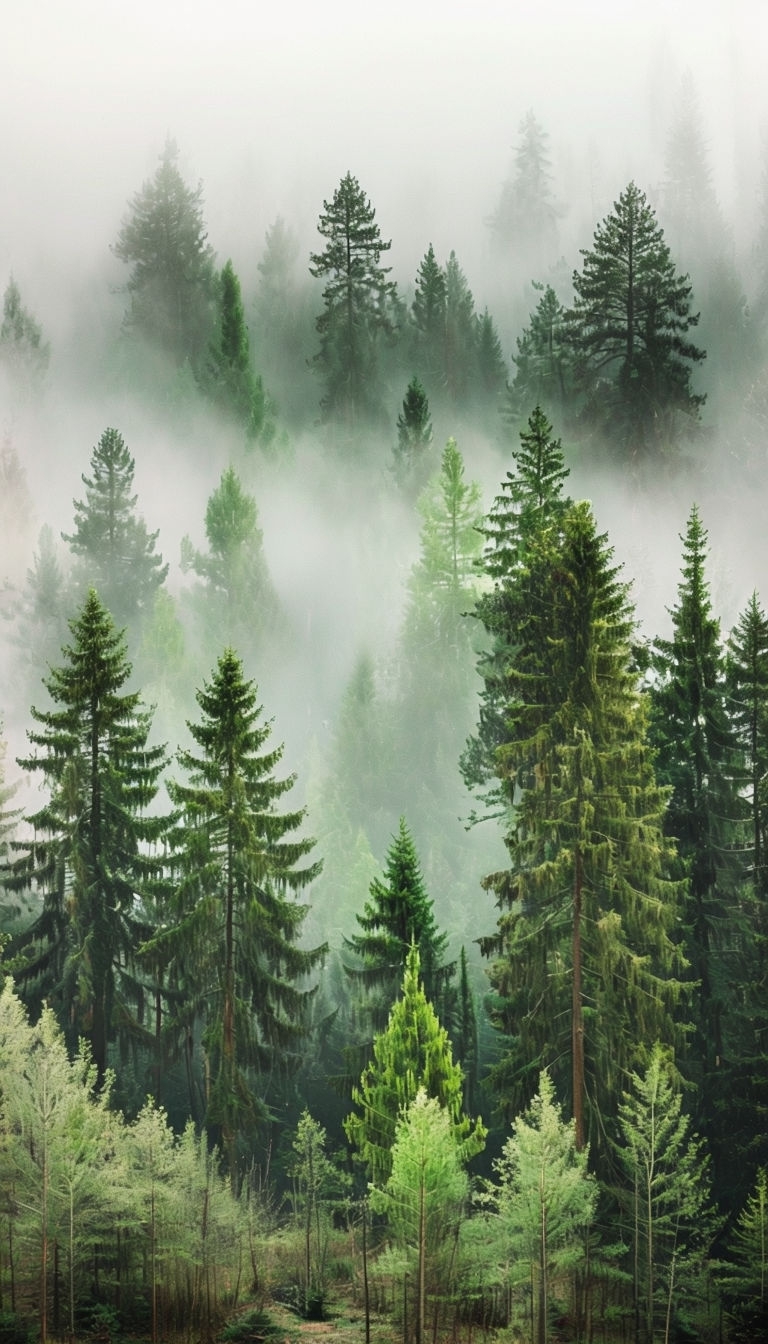 Serene Foggy Evergreen Forest Landscape Photography Mobile Wallpaper