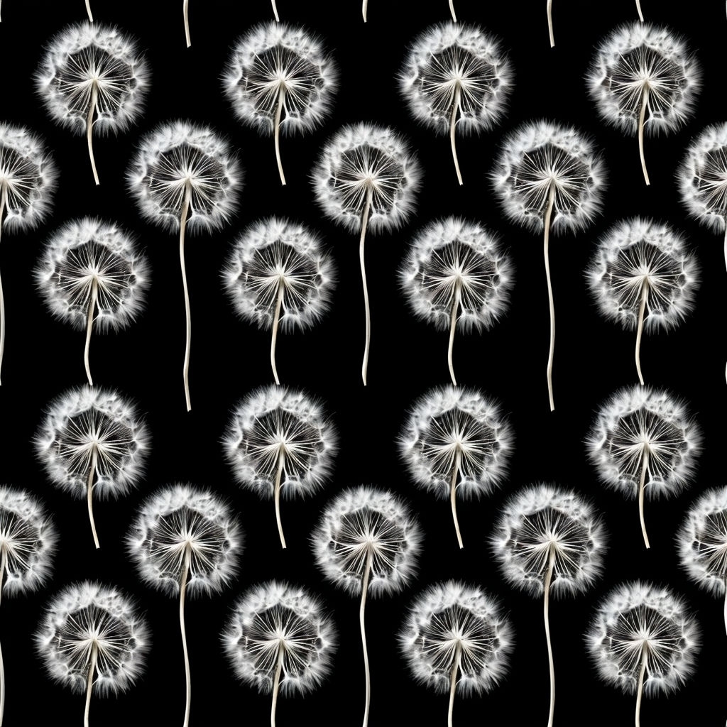 Symmetrical White Dandelion Pattern on Black Background Seamless Pattern