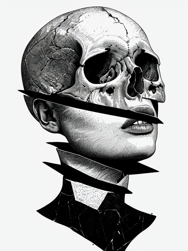 Surreal Fragmented Human Head Illustration in Black and White Art