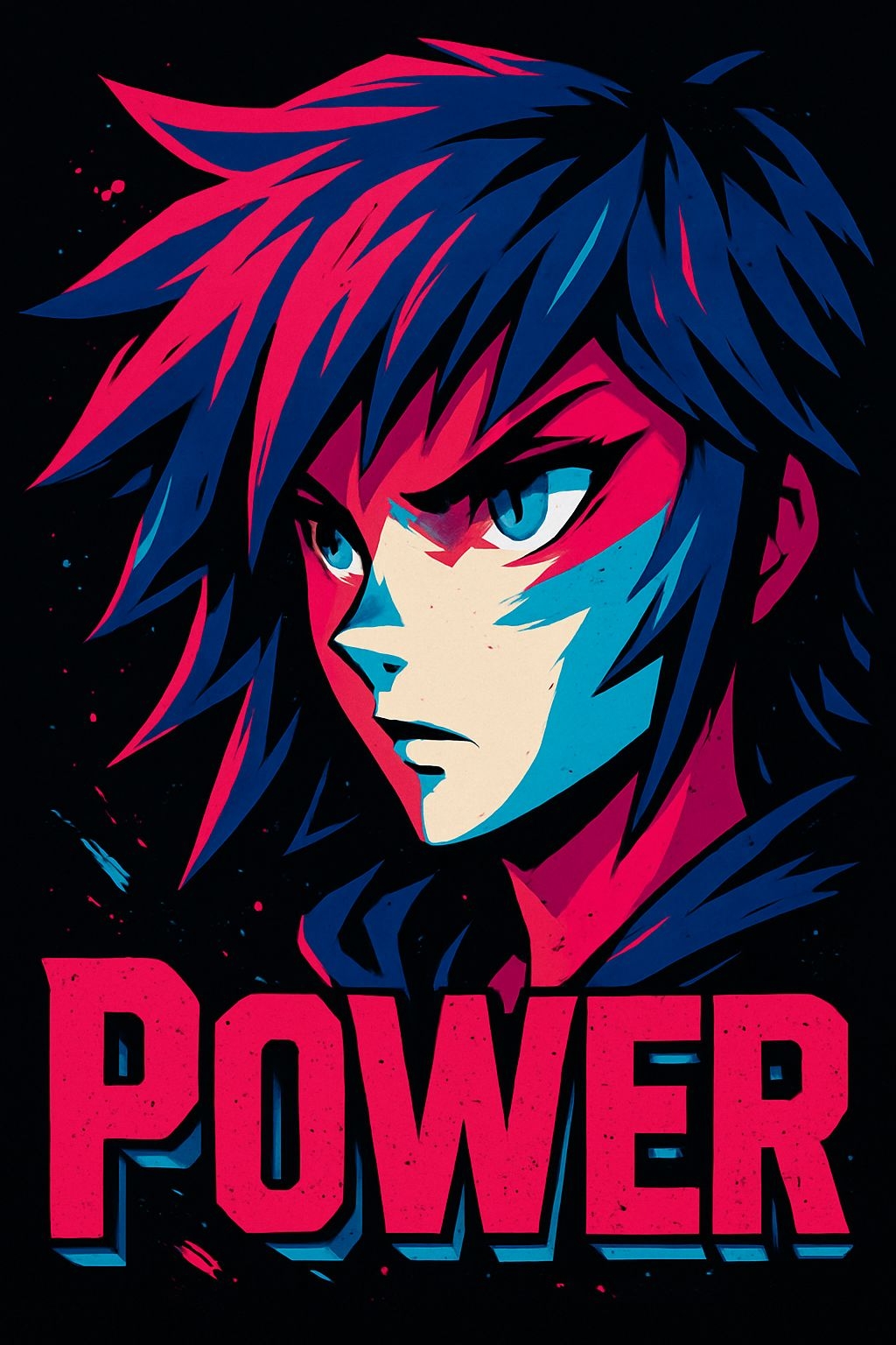 Vibrant Anime Character with Power Text T-Shirt