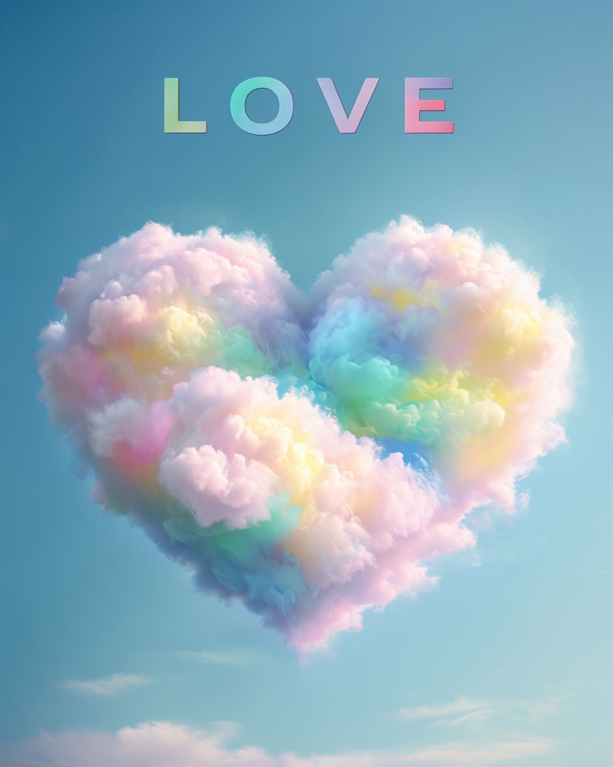 Whimsical Heart-Shaped Cloud with Pastel 'LOVE' Text Poster