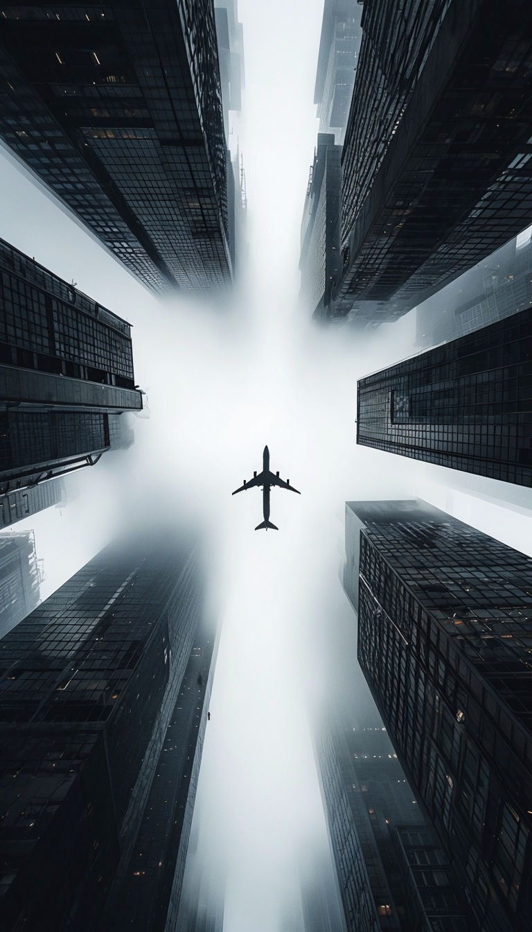 Dramatic Urban Skyscraper Perspective with Airplane in Fog Mobile Wallpaper