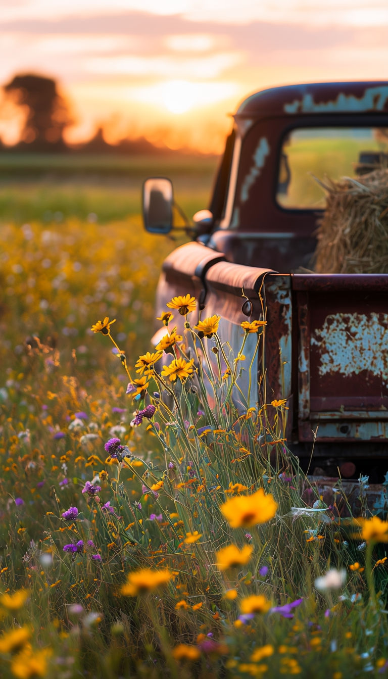 Romantic Sunset Wildflower Field with Vintage Truck Art