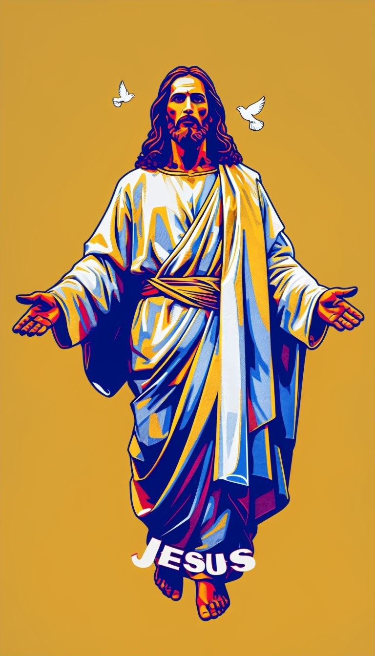 Vibrant Jesus Christ Portrait with Bold Typography on Gold Background Poster