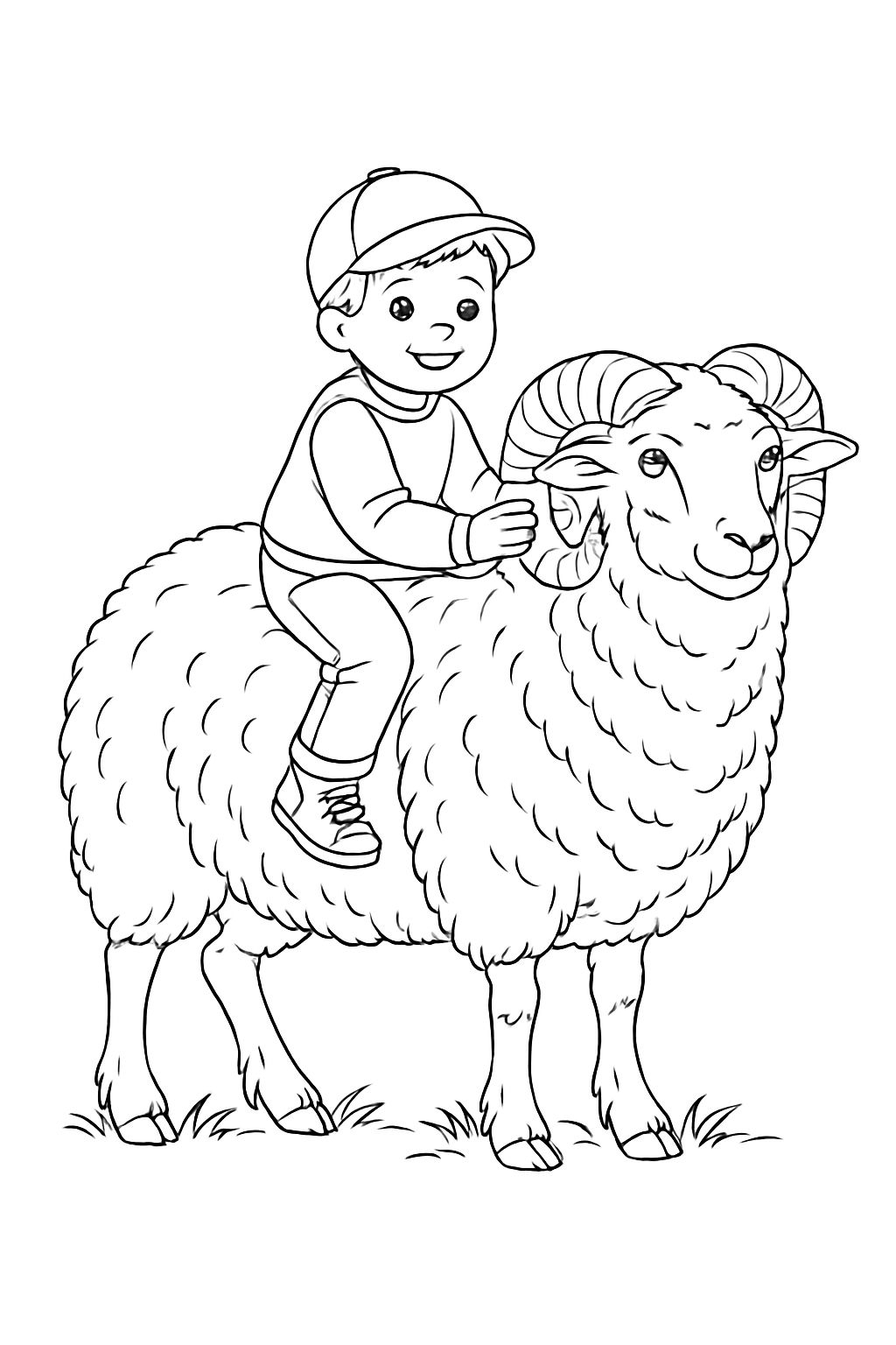 Cheerful Boy Riding Fluffy Sheep Black-and-White Line Drawing Coloring Book Pages