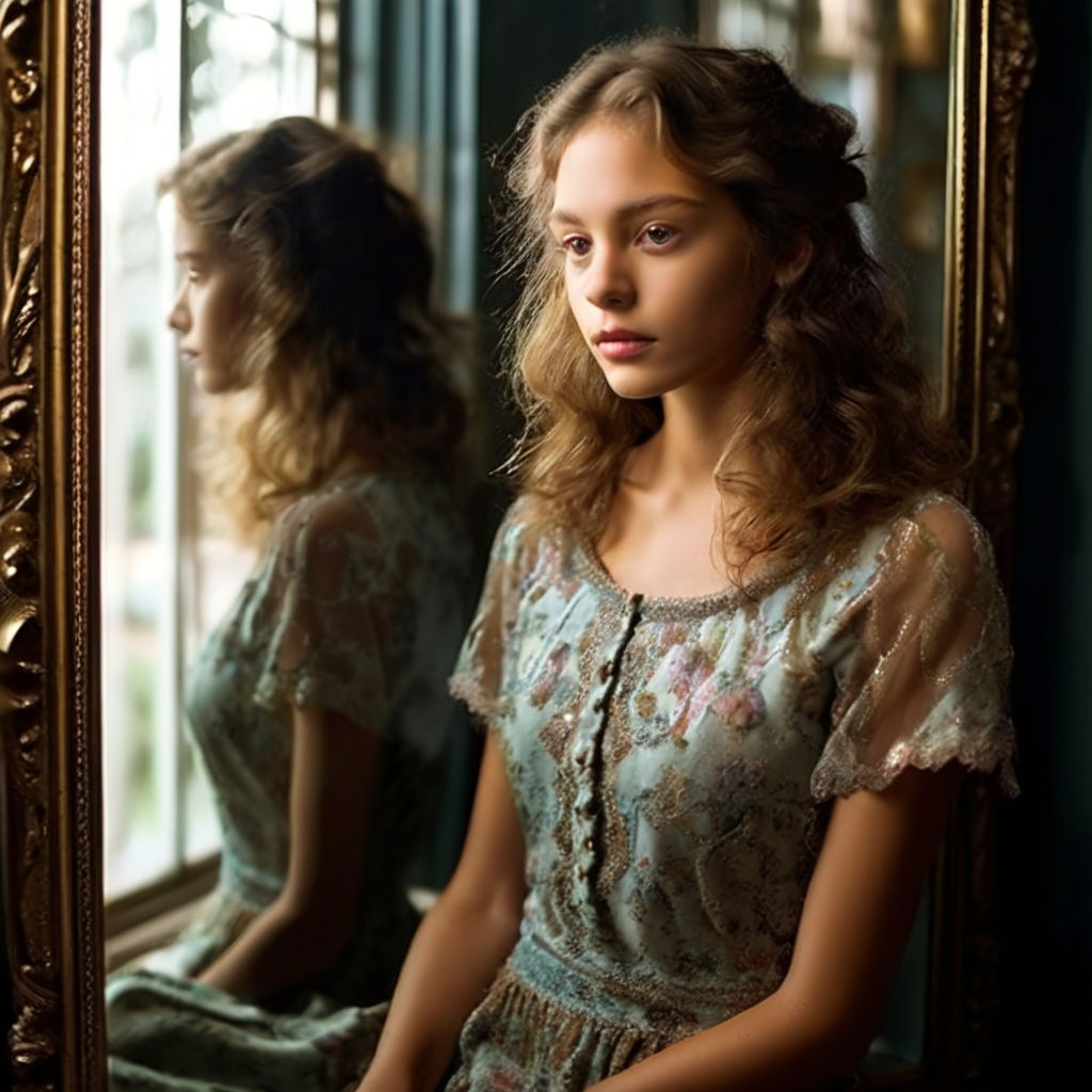 A beautiful girl sits alone on one side of a glass room